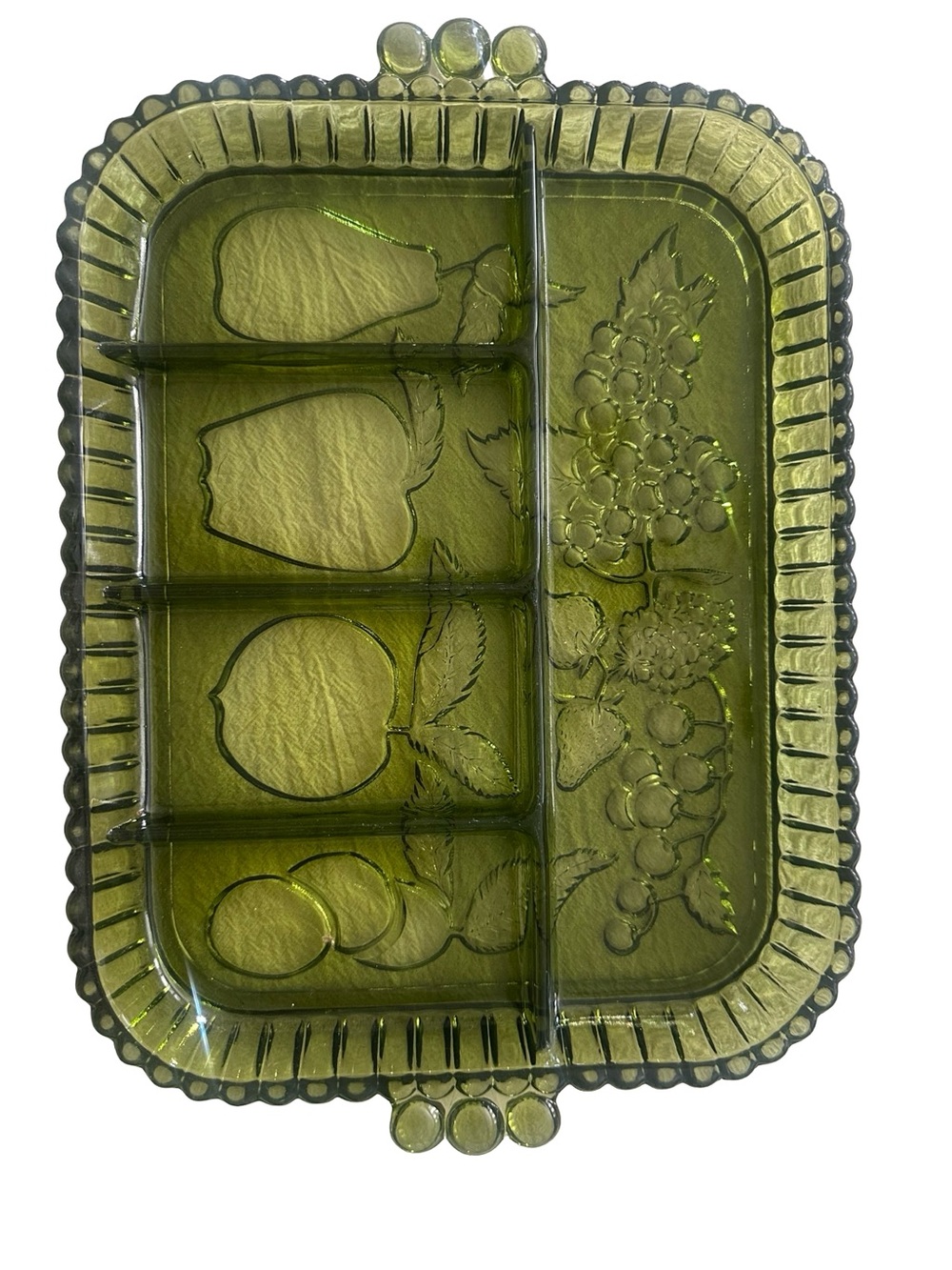 Vintage 70s Indiana Glass Avocado Green Embossed Fruit Divided Serving Tray